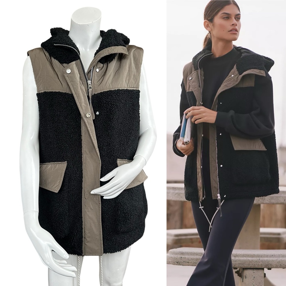 Varley Waller Sherpa Gilet Crocodile Green Black Hooded Zip Up Vest Size Large